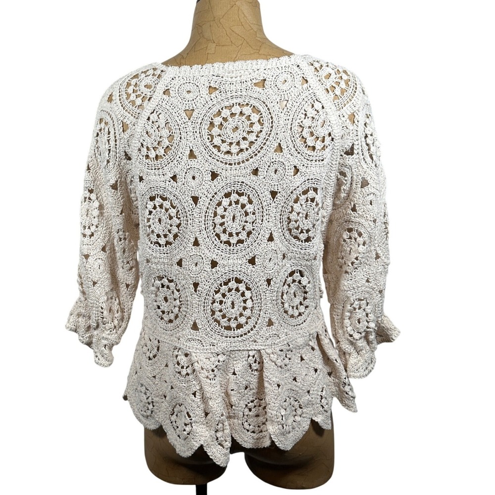 Solitaire Women Crochet Lace Peplum Top Cream Medallion 3/4 Sleeve Large Boho‎ - Picture 2 of 6